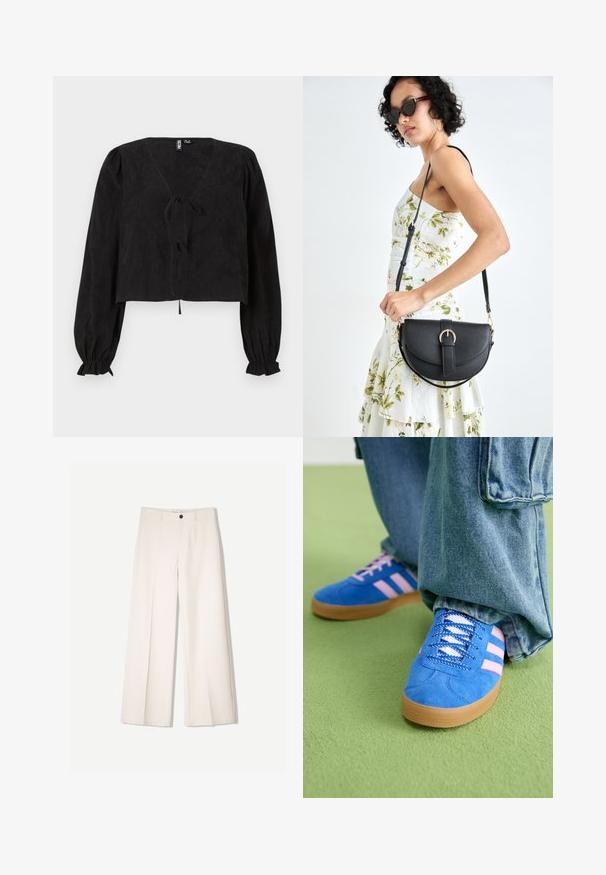 Bluză neagră scurtă cu decolteu în V, mâneci lungi bufante și detaliu legat în față. Țesătura texturată adaugă profunzime designului.; Pantaloni largi de culoare crem, cu un design croit, având două buzunare la față și o închidere cu un singur nasture în față, realizați dintr-un material neted.; Pantofi din piele întoarsă albaștri cu dungi roz și șireturi albe, având o talpă din cauciuc gumat, asortați cu pantaloni din denim largi pe o suprafață verde.; Geantă din piele neagră, cu o formă curbată, curea detașabilă și accesorii aurii. Geanta are un capac cu un detaliu tip cataramă.