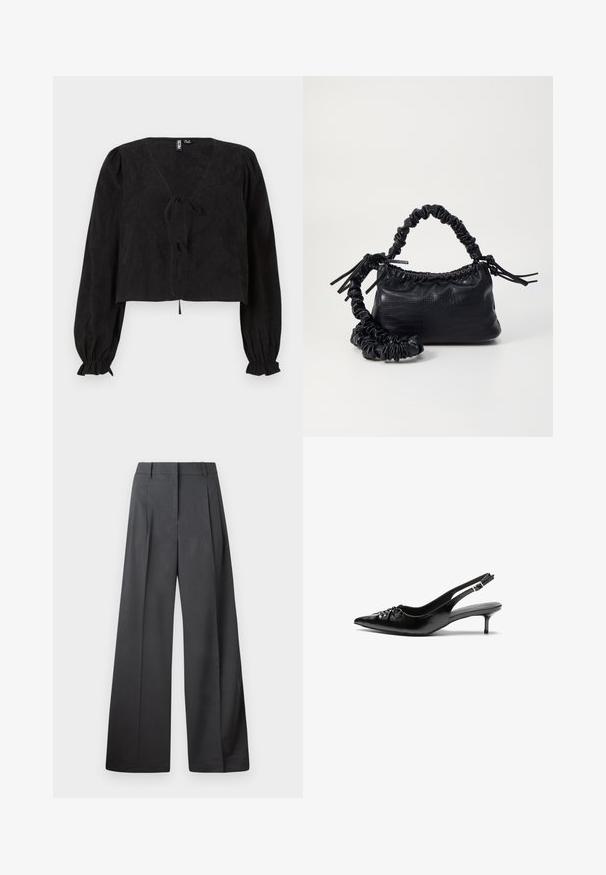 Svart cropped bluse med V-hals, lange puffærmer og knyte-detalj foran. Tekstilt stoff gir dybde til designet.; Vide bukser i mørkegrått stoff med høy livlinje, enkel press, og en glatt tekstur med en ren finish på ermekantene.; Sorte skinnert remsandaler med spiss tå, liten kittenhæl og en dekorativ knute detalj foran. Glatt tekstur gjennom hele.; Svart faux skinn-håndveske med krokodilletekstur, strammet topp og en rynket stropp. Ser myk og kompakt ut i designen.