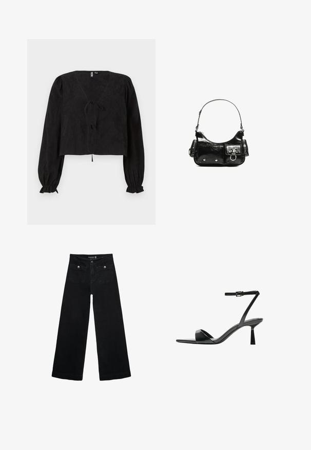 Blusa nera corta con scollatura a V, maniche lunghe a sbuffo e dettaglio con fiocco sul davanti. Il tessuto strutturato aggiunge profondità al design.; Jeans neri a gamba larga con vita alta, dotati di due tasche frontali e dettagli in metallo sui bottoni. Il tessuto ha una texture liscia.; Bershka Sandali con tacco - black; Borsa a spalla in vernice nera con forma curvata, una tracolla, tasche frontali e dettagli in metallo argentato.