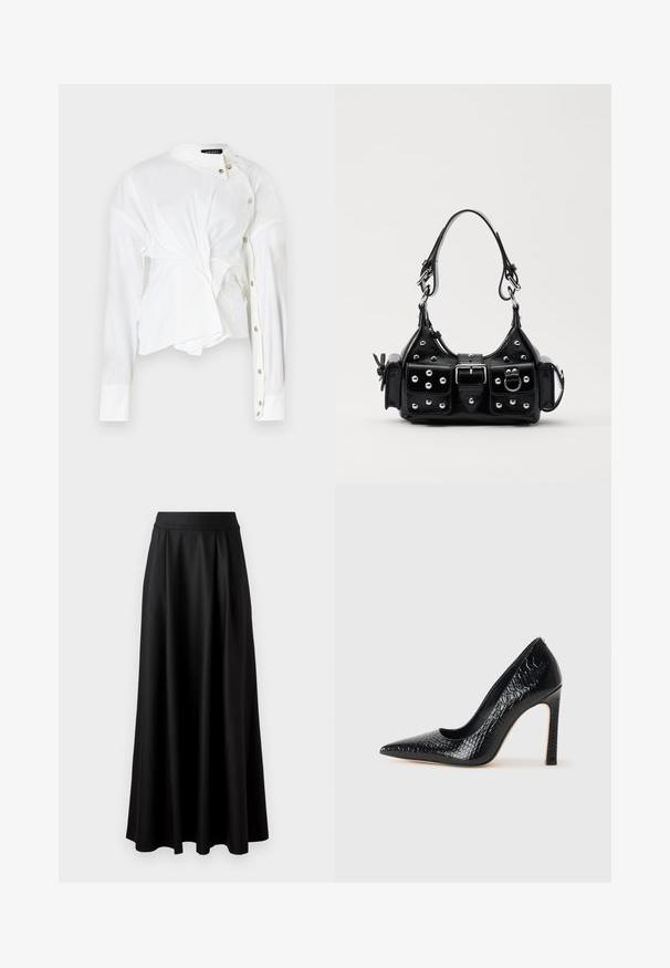 Camicetta bianca a maniche lunghe in cotone. Presenta un design distintivo a torsione, colletto e bottoni argento lungo il davanti.; Gonna nera lunga fino al pavimento con una texture liscia, vita alta ampia e design plissè, priva di motivi visibili o decorazioni.; Scarpa nera con punta a punta alta in pelle di coccodrillo, caratterizzata da un design elegante, alto tacco a spillo e interno nero liscio.; Borsa a mano in pelle nera con design curvo, caratterizzata da borchie argentate, una fibbia e due tasche laterali. Tracolla regolabile per diverse opzioni di trasporto.