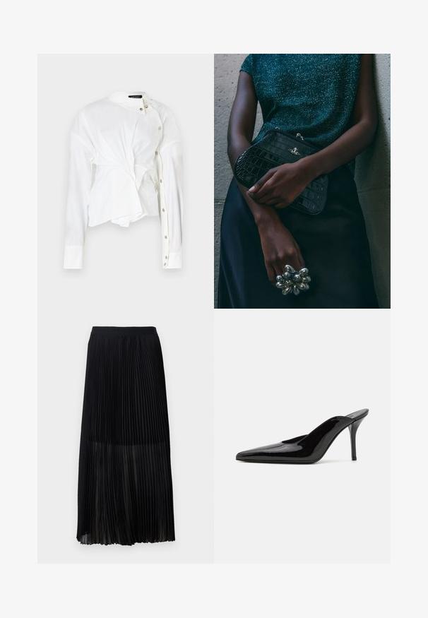 Valkoinen napillinen paita, joka on valmistettu puuvillasta. Sisältää erottuvan kierteisen muotoilun, pitkät hihat ja kauluksen, jossa on hopeiset napit edessä.; Mustan laskostetun midihameen, jossa on sileä, joustava vyötärönauha ja läpikuultava päällyskangas, jossa on hienoja pystylaskoksia koko kankaan ajan.; Mustat patentoidut korkeakorkoiset mulesandaalit, joissa on terävä kärki ja sulavalinjainen siluetti. Kenkäparissa on avonainen takaosa ja hoikka stiletto-korko.; Musta krokotiilihäntäinen penaali, jossa on hopeiset yksityiskohdat, pidetään teksturoitua harmaata taustaa vasten. Pintamateriaali kiiltävä.