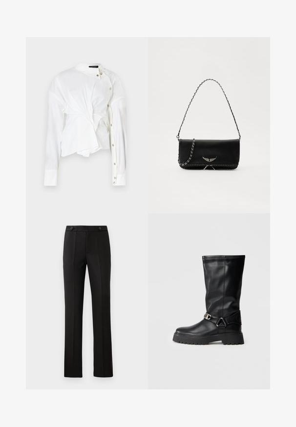 Witte blouse met knoopsluiting gemaakt van katoen. Bevat een unieke gedraaide ontwerp, lange mouwen en een kraag met zilveren knopen aan de voorkant.; Zwarte op maat gemaakte broek met een rechte pijp, twee voorzakken, een knoopsluiting en plooien aan de voorkant. Glad textuur van de stof.; Zwarte laarzen tot de knie van glad leer, met een gespaccent aan de zijkant en een dikke, textuurgegeven zool voor grip.; Zwarte leren handtas met een zilveren kettingband, voorzien van decoratieve vleugelaccenten en witte stiksels langs de onderste naad.