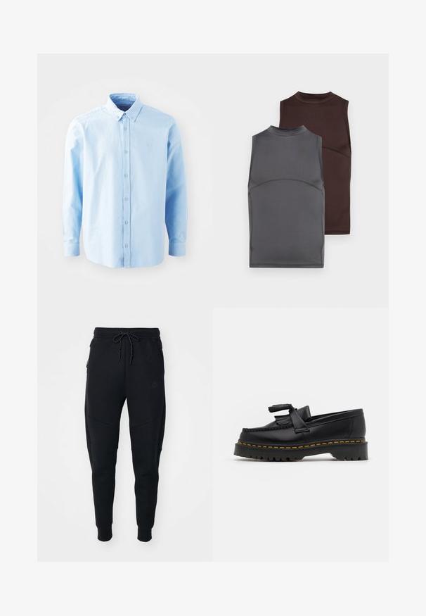 Šviesiai mėlynos spalvos ilgomis rankovėmis marškiniai su atviru apykakle, priekyje mygtukų uždarymas ir nedidelis logotipas ant krūtinės. Pagaminti iš minkštos medvilnės.; Du auskarai neturi rankovių tamsiai pilkos ir rudos spalvos, pagaminti iš lygaus audinio. Kiekvienas turi aukštą kaklą ir priglustančią konstrukciją su kontrastingais siūlų akcentais.; Juodos sportinės kelnės, pagamintos iš minkštos medžiagos, su raišteliu juosmenyje, siaurėjančiomis kojomis ir šoninėmis kišenėmis su elegantišku dizainu.; Juodas odinis loaferis su kutais, turintis masyvų juodą pado ir geltonus siūlus palei kraštą. Textūruota danga.