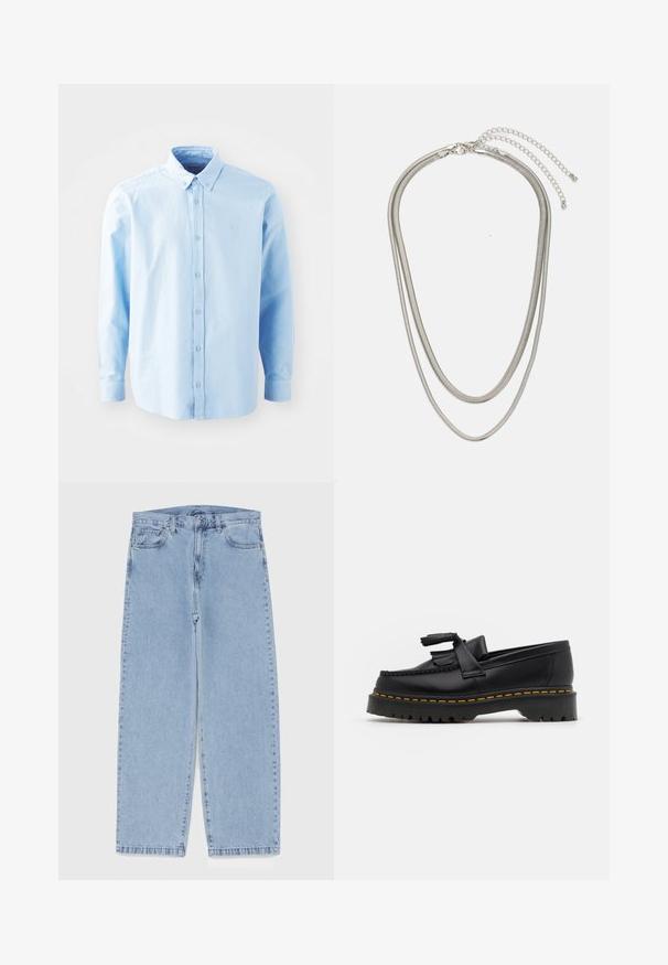 Camicia azzurra a maniche lunghe con colletto a punta, chiusura frontale a bottoni e un piccolo logo sul petto. Realizzata in cotone morbido.; Jeans in denim azzurro chiaro con design a gamba dritta, caratterizzati da una vita media, cinque tasche e chiusura con bottone e zip.; Mocassino in pelle nera con un'accento a frange, dotato di una suola nera spessa e cuciture gialle lungo il bordo. Finitura testurizzata.; Collana in metallo argentato a tre strati caratterizzata da catene sottili e flessibili con una leggera lucentezza, fissata con un gancio a molla e una catena regolabile.