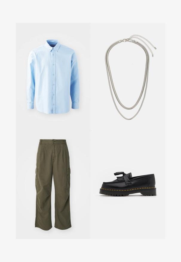 Ljust blå långärmad skjorta med knapp-up, spetsig krage, framknappstängning och en liten logotyp på bröstet. Tillverkad av mjuk bomull.; Cargo-byxor i olivgrön, tillverkade av bomull, med vid bendesign, veck och sidofickor för funktion.; Svart läderloafer med en tofsdetalj, med en kraftig svart sula och gul söm längs kanten. Strukturerad yta.; Tre-lager silvermetallhalsband med eleganta, flexibla kedjor med en svag glans, säkrad med ett kräftklämma och justerbar kedja.
