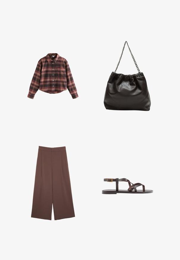 Camicia a quadri tagliata in toni di bordeaux e marrone, con bottone frontale, colletto e taschino sul petto. Tessuto morbido con maniche lunghe.; Pantaloni ampi marroni con una texture liscia, caratterizzati da una vita alta e pieghe frontali. Il tessuto è leggero e scorre liberamente.; Sandal in pelle marrone con cinturini incrociati, chiusura con cinturino alla caviglia e suola piatta con dettagli di cucitura minimi.; Borsa in pelle marrone con parte superiore arricciata e tracolla a catena. Texture liscia con finitura lucida e dettagli di cucitura sottili sui lati.