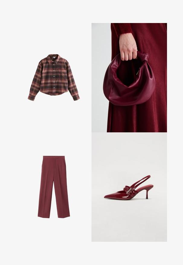 Chemise à carreaux coupée dans des tons de bourgogne et de marron, avec un rabat à boutons, un col et une poche poitrine. Tissu doux avec des manches longues.; Pantalons larges bordeaux avec une texture lisse, dotés de poches latérales et d'une taille haute. Taillés avec un pli avant net.; Escarpins slingback en cuir verni rouge avec un bout pointu, deux brides à boucle et un talon aiguette slim de hauteur intermédiaire. Texture lisse.; Sac à main en cuir bordeaux au design doux et froncé, avec une forme arrondie. La poignée est fixée, mettant en valeur une texture lisse.