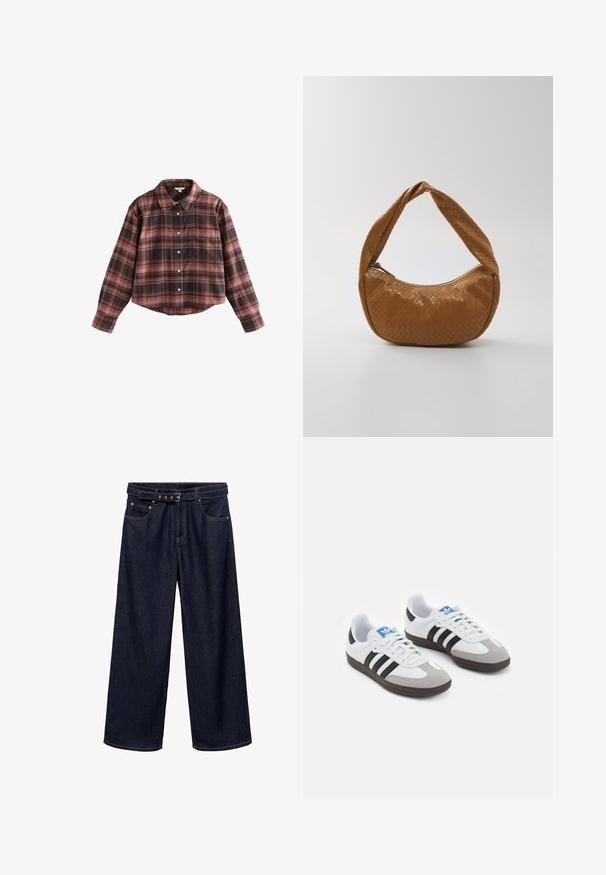 Skraćena karirana košulja u nijansama burgundy i smeđe, s gumbima sprijeda, kragnom i džepom na prsima. Meka tkanina s dugim rukavima.; Tamno plave široke traperice od denima. Imaju pojas s remenom i više dugmadi, prednje džepove i uredan završetak na nogavicama.; Sportske cipele s gornjištem od bijele kože, sivi suedinasti nos i tri crne pruge. Imaju plavi logo na jeziku i teksturiranu gumenu podlogu.; Tkanišna kožna torba u smeđoj boji, ovalnog oblika s debelim pletenim ručkama, koja se zatvara na zip i ima sjajnu teksturu.