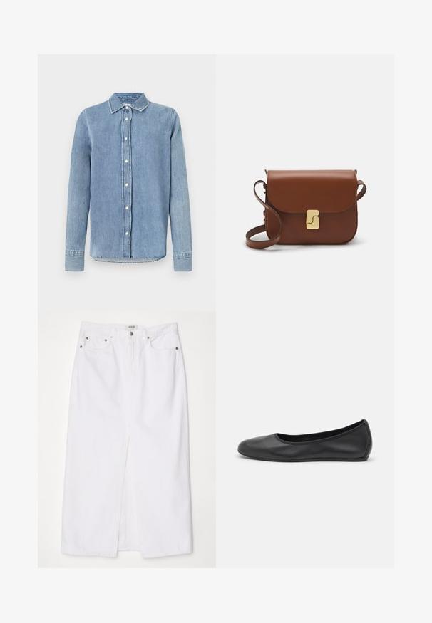 Gai zila denima krekls ar apkakli, priekšējo pogu aizdari, garām piedurknēm un šuvuma detaļām uz aprocēm un apakšmalas. Tekstūrēts audums.; Bala balta denima svārki ar priekšējo šķelšanos, piecu kabatu dizainu, metāla pogu un rāvējslēdzēja aizdari, kā arī izšūti apakšmala akcenti.; Melna ādas baleta kurpe ar noapaļotu purngalu, gludu tekstūru, minimālu šuvju detalizāciju un elastīgu zoles dizainu.; Bordo ādas rokas soma ar atloku, zeltītām detaļām, plecu siksnu un gludu virsmu. Kompakta, taisnstūrveida forma.