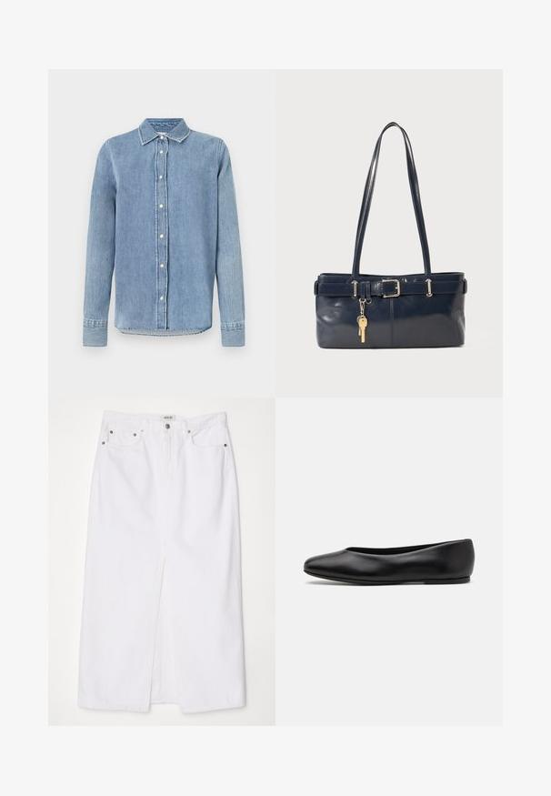 Vaaleansininen farkkusnapitshirt, jossa on kaulus, etunappikiinnitys, pitkät hihat sekä ommellut yksityiskohdat hihoissa ja helmassa. Teksturoitu kangas.; Valkoinen farkuhame, jossa on etuläppä, viisi taskua, metallivaihteet ja vetoketjukiinnitys sekä ommeltu helmadetails.; Paul Smith TOPANGA - Ballerinat - black; La handbagin sininen nahka, jossa on kaksi pitkää kahvaa, Buckle-yksityiskohta ja avaimenperä kiinnitettynä. Sen pinta on sileä ja muoto on suorakulmainen.