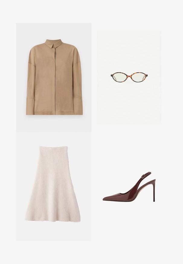 Beige langærmet skjorte i letvægtsstof med klassisk krave, skjult knaplukning og subtile stikninger på ærmerne.; En lys beige A-linjeet nederdel lavet af blødt, tekstureret stof, med en glat talje og en svævende silhuet.; Mørkebrune patentlæder slingback højhælede sko med spids tå, justerbar spænde og slank stiletthæl.; Skildpaddebriller med ovale linser og en elegant, glat finish. Har tynde sider med en subtil kurve ved tindingerne. Klare linser.