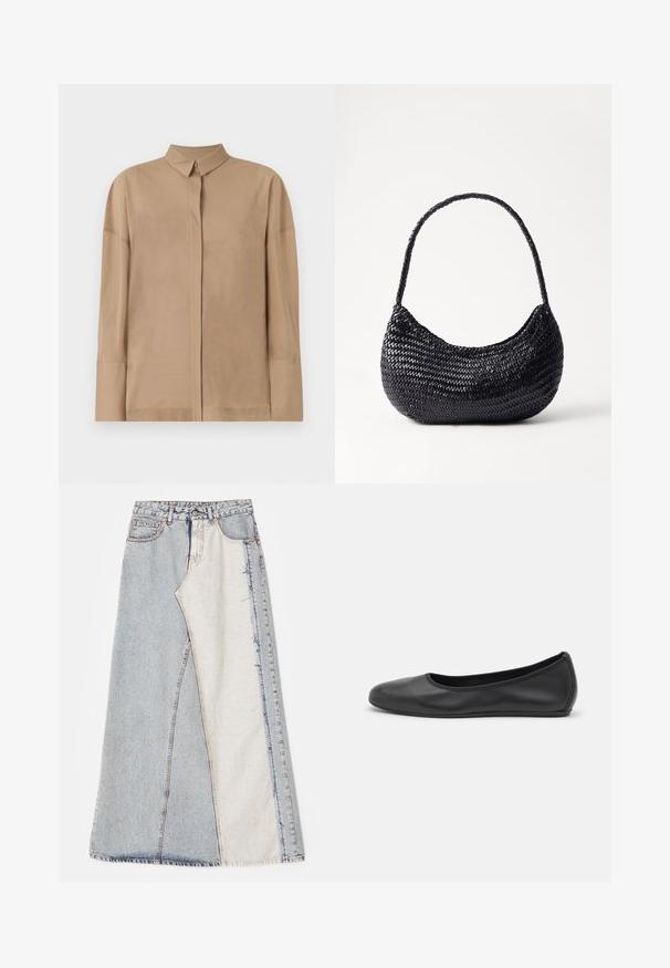 Bēša garo piedurkņu krekls vieglas auduma, ar klasisku apkakli, paslēptu pogu slēdzeni un smalkiem šuvju detalizējumiem uz piedurknēm.; Džinsu svārki ar aplicējumu dizainu, kas sastāv no gaiši un vidēji zilo daļu, ar nodilušiem malām un augsto jostu. Klasiskā piecu kabatu stilā.; Melna ādas baleta kurpe ar noapaļotu purngalu, gludu tekstūru, minimālu šuvju detalizāciju un elastīgu zoles dizainu.; DRAGON DIFFUSION NOVA LUNA - Rokassoma - black