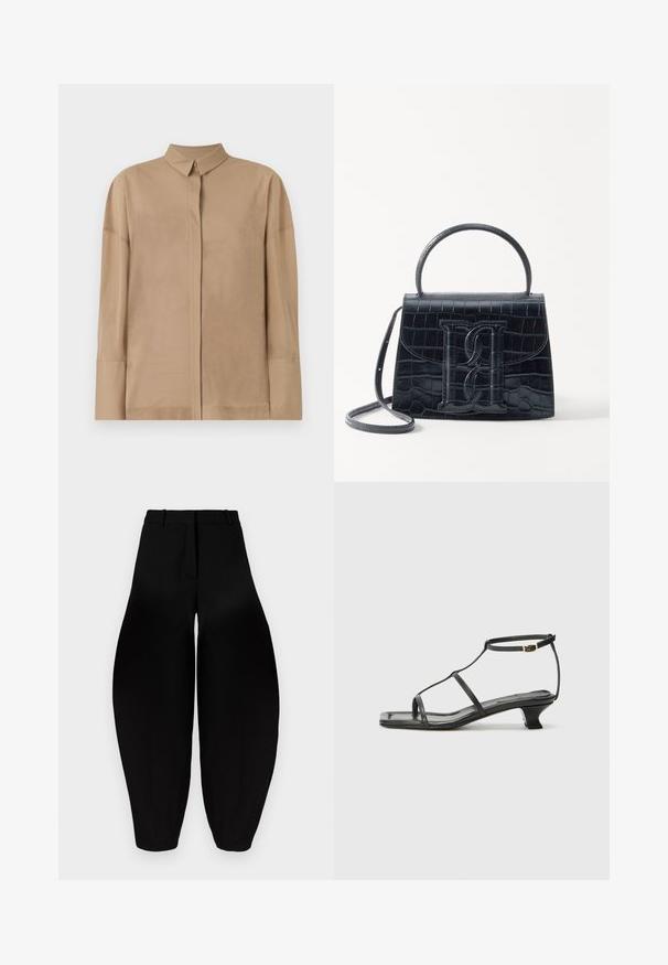 Könnyű anyagú, bézs színű, hosszú ujjú ing klasszikus gallérral, rejtett gombolással és finom varrási részletekkel az ujjakon.; Fekete, bő szárú nadrág magas derékkal, pliszírozott elülső résszel és szűkített bokával. Simább anyagból készült, matt felülettel.; Fekete bőr szandál, négyzet alakú orral, vékony pántokkal, állítható bokapánttal és alacsony sarokkal. A pánton egy kis arany dísz található.; Fekete krokodilbőr hatású kézitáska, amelynek strukturált kialakítása van, felső fogantyúval, állítható pánttal és egy kiemelkedő elülső logó részlettel.