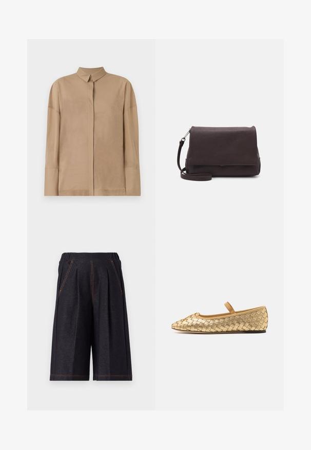 Camicia beige a maniche lunghe in tessuto leggero, con colletto classico, pattina dei bottoni nascosta e dettagli di cucitura sottili sulle maniche.; Shorts grigio scuro realizzati in tessuto morbido, caratterizzati da pieghe e dettagli di cucitura arancione. Vita elasticizzata per comfort, design alla lunghezza del ginocchio.; Loeffler Randall LEONIE SOFT BALLET FLAT - Ballerine con cinturino - gold; Tiger of Sweden LIMBIATE UNISEX - Borsa a tracolla - pure decadence