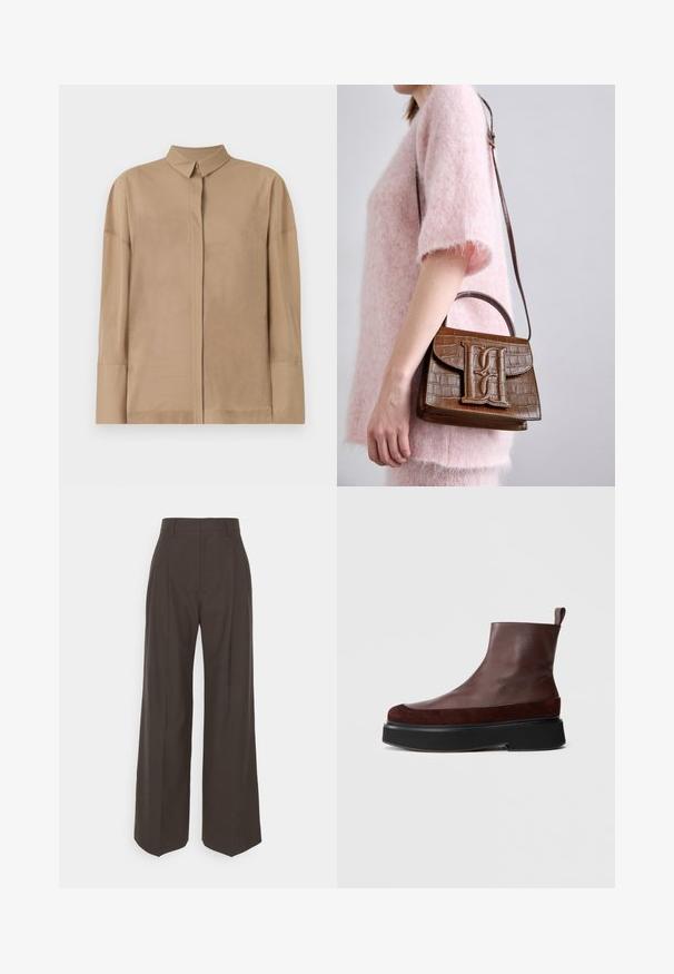 Beige Langarmhemd aus leichtem Stoff mit klassischem Kragen, versteckter Knopfleiste und dezenten Nähten an den Ärmeln.; Dunkelbraune weite Hose mit hoher Taille, die über sorgfältig gebügelte Falten, eine glatte Textur und eine taillierte Passform verfügt.; Braune Leder-Stiefeletten mit einer robusten schwarzen Plattformsohle, die eine glatte Textur aufweisen und an der Rückseite eine kleine Schlaufe für einfaches Anziehen haben.; Braune Handtasche aus Krokodilleder-Prägung mit einem oberen Griff und einem Schulterriemen. Besitzt ein auffälliges Logo auf der Frontklappe. Weiche Textur.