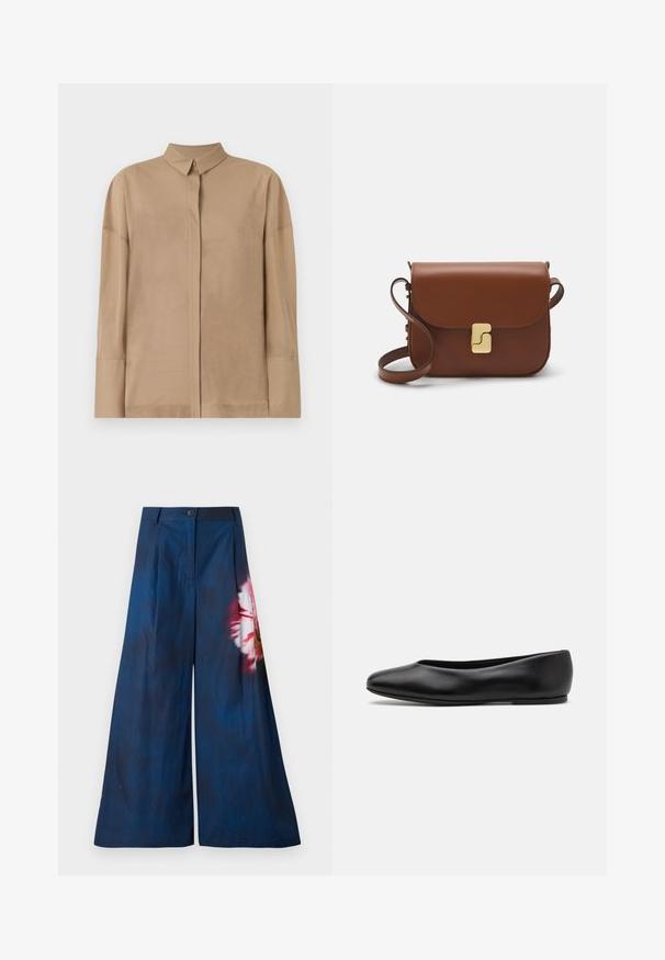 Beige long-sleeve shirt in lightweight fabric features a classic collar, hidden button placket, and subtle stitching details on sleeves.; Wide-leg trousers in dark navy fabric, featuring a floral print in pink and yellow on one side, with a button closure at the waist.; Paul Smith TOPANGA - Ballet pumps - black; Brown leather handbag with a flap closure, gold-tone hardware, a shoulder strap, and a smooth texture. Compact rectangular shape.