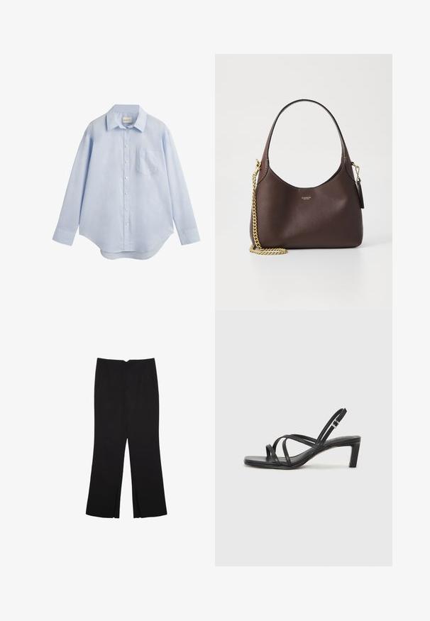 Svetlo modra srajca z dolgimi rokavi z gumbi, narejena iz bombaža, z običajnim ovratnikom, enim žepom na prsih in ukrivljenim robom.; Črne hlače ravnega kroja z naglavnimi žepi in stranskimi razporki na robu. Narejene iz mehke, gladke tkanine. Primerne za različne priložnosti.; Črne natikače s trakovi in kvadratnim prstom ter nizkim blokastim peto. Imajo več tankih trakov in nastavljiv trak okoli gležnja. Narejene so iz gladkega usnja.; COACH BROOKLYN SHOULDER BAG 23 - Torbica - maple