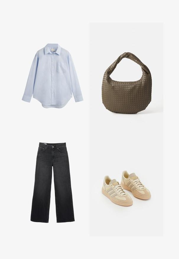 Világoskék, hosszú ujjú gombos ing, amely pamutból készült, klasszikus gallérral, egyetlen mellzsebbel és ívelt alsó szegéllyel rendelkezik.; Fekete, széles szárú farmernadrág. Klasszikus öt zsebes dizájnnal, egyenes sziluettel és elől gombos záródással rendelkezik.; Világos bézs sportcipők, velúr és szövet anyagból, három szürke csíkkal, textúrázott részletekkel és világosbarna gumitalppal. A fűző fehér.; Szőtt olívazöld kézitáska, kerek formával és csavart fogantyúval. A felszíne texturált, ferde mintázattal rendelkezik. Cipzáras záródás.