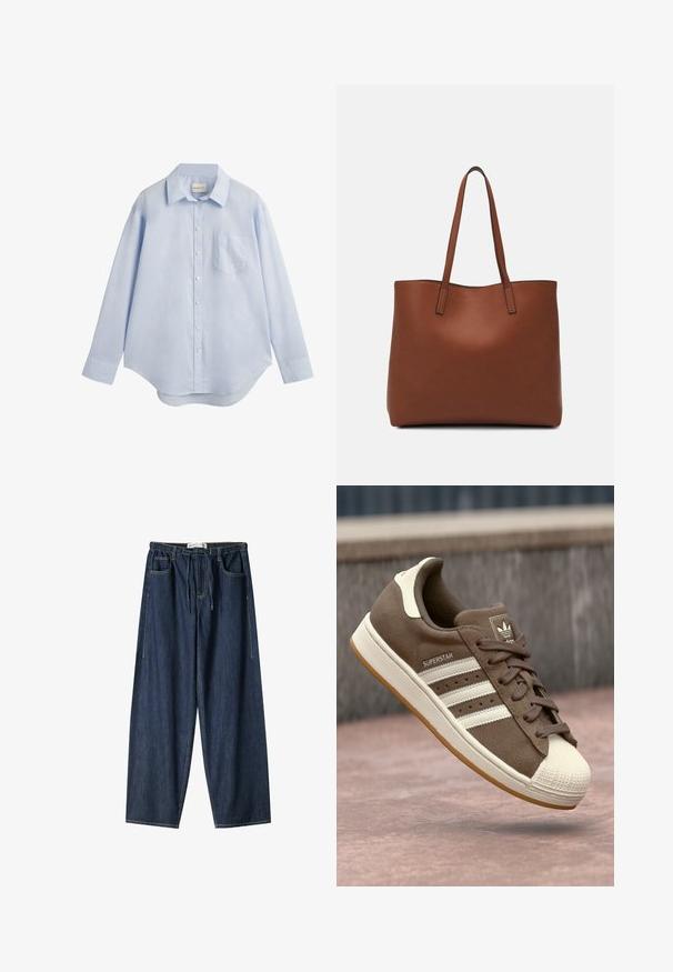 Svetlomodrá košeľa s dlhým rukávom na gombíky vyrobená z bavlny, s klasickým golierom, jednou náprsnej kapsou a zakriveným lemom.; Tmavomodré džínsové nohavice s širokým strihom. Obsahujú elastický pás, šnúrku na stiahnutie a predné vrecká. Hladký povrch s viditeľným šitím.; Hnedé semišové tenisky s bielymi pruhmi, krémovými akcentmi a gumovou špičkou. Obsahujú šnurovací dizajn a textúrovanú gumenú podrážku.; Hnedá kožená taška na rameno s hladkou textúrou, otvoreným vrchom a dvoma ramenými popruhmi. Má minimálne šitia a žiadne viditeľné kovania.
