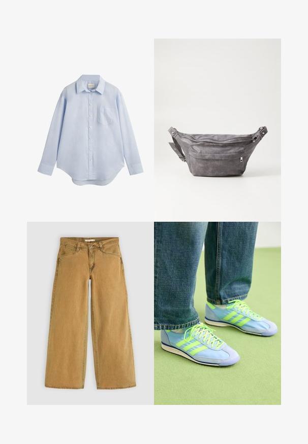 Camisa azul claro de mangas longas, com botões, feita de algodão, apresentando um colarinho clássico, um único bolso no peito e uma bainha curva.; Calças de ganga castanhas de pernas largas com um elevado, apresentando um fecho de botão na frente, cinco bolsos e um acabamento ligeiramente desgastado.; Ténis atléticos azul claro com detalhes verdes, em material de camurça e sintético, apresentando três riscas e uma sola texturizada. Combinados com calças de ganga largas.; Pochete cinza em camurça com forma arredondada, dois compartimentos com fecho éclair e alça ajustável. Apresenta detalhes em metal.
