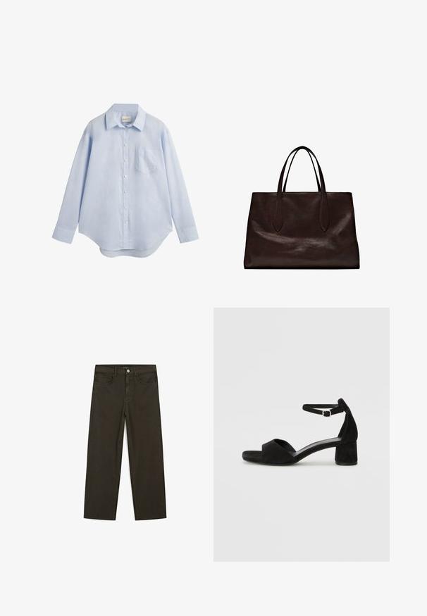 Hellblaues Langarm-Hemd aus Baumwolle mit klassischem Kragen, einer einzelnen Brusttasche und abgerundetem Saum.; Dunkelgrüne Jeans im weit geschnittenen Style, hergestellt aus einem Baumwollgemisch. Sie verfügen über einen Frontknopfverschluss, fünf Taschen und klassische Denim-Nähte.; Schwarze Wildleder-Espadrilles mit einem dünnen Knöchelriemen, offener Zehenpartie und moderatem Blockabsatz. Glatte Textur und minimale Akzente.; Massimo Dutti Handtasche - brown