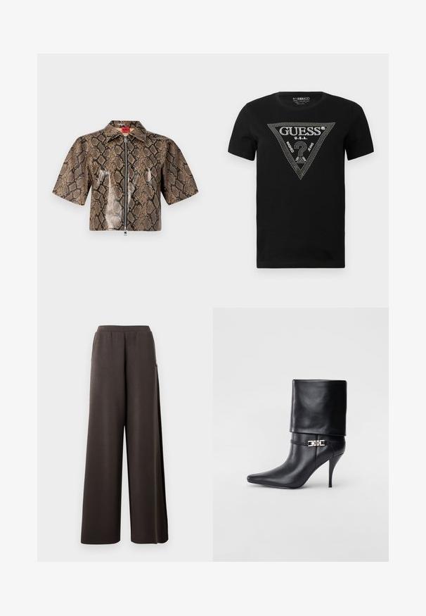 Kurzärmlige, gekürzte Jacke mit braunem und schwarzem Schlangenledermuster, Frontreißverschluss und spitzem Kragen.; Schwarzes Baumwoll-T-Shirt mit einem Strass-Dreieck-Design und dem Text "GUESS" und "U.S.A.", Rundhalsausschnitt und kurzen Ärmeln.; Dunkelbraune weit geschnittene Hosen mit einem elastischen Bund und Seitentaschen, auf einem weißen Hintergrund präsentiert.; Schwarze Leder-Ankle-Boots mit spitzer Zehenpartie, hohen Stiletto-Absätzen, umgeschlagenem Schaft und einem goldenen dekorativen Schnallen-Detail an der Knöchel.