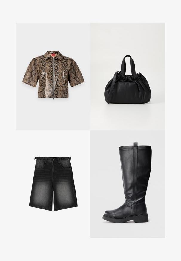 Krátkozrýdny, skrátený kabát s hnedým a čiernym vzorom hadích kože, so zipsom vpredu a špicatým golierom.; Čierne deninové šortky s vyblednutým povrchom, piatimi vreckami, zapínaním na gombík a pútkami na opasok. Tkanina má hladkú štruktúru.; Čierne knie-high čižmy vyrobené z hladkej kože s plochou podrážkou, s bočnými švom a malou pútkom na vrchu pre jednoduché obúvanie.; Čierna kožená kabelka so zberaným vrchom, s dvoma krátkymi držadlami a dlhým nastaviteľným popruhom. Hladká textura, zaoblený tvar.