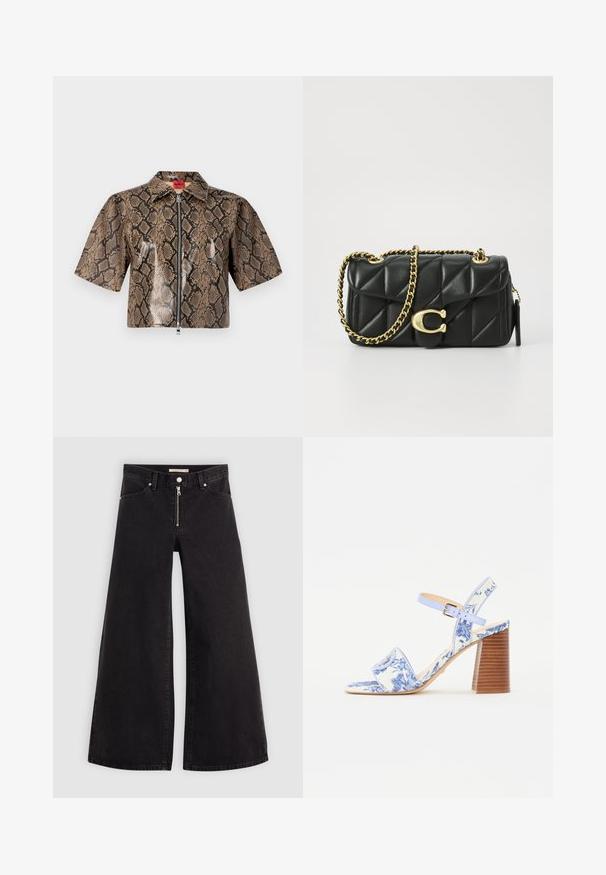 Trumpas rankovėmis, trumpas švarkas su ruda ir juoda gyvatės odos raštu, priekinis užtrauktukas ir smailus apykaklė.; Plačios kojų džinsai iš juodo džinsinio audinio su užtrauktuku priekyje, penkių kišenių dizainu ir subtiliais siuvinėjimo akcentais. Lygus paviršius ir laisvalaikio stilius.; Mėlynos gėlėtos šlepetės su kvadratiniu pirštu, plačia juostele ir reguliuojama kulkšniai, turi struktūruotą medinį blokinį kulną.; Juodas kvadratinis odinis rankinė su auksine grandine ir užsegimu su apskritimu. Kompaktiška stačiakampio formos.