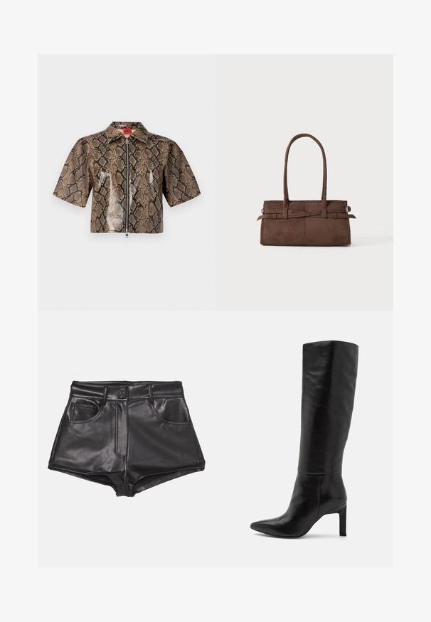 Rövid ujjú, cropped dzseki barna és fekete kígyóbőr mintával, elöl cipzárral és hegyes gallérral.; Fekete műbőr nadrág magas derekkal, két elülső zsebbel, látható varrásokkal és sima textúrával.; Térdig érő fekete bőr magassarkú csizma, hegyes orral és sima felülettel. A sarok blokk stílusú, ami stabilitást ad a kialakításnak.; Barna velúr kézitáska két erős füllel, téglalap alakú, és dekoratív pánt részlet a fronton.