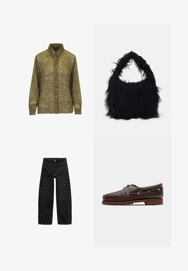 Green velvet shirt with black polka dots, button-down front, and pointed collar. Long sleeves with buttoned cuffs, textured surface.; Black denim wide-leg jeans featuring a pattern of small silver grommets, with a classic five-pocket design and button front closure.; Brown leather boat shoe with gold eyelets, round laces, and a textured brown rubber sole. Features stitched detailing and a raised logo.; Even&Odd Tote bag - black