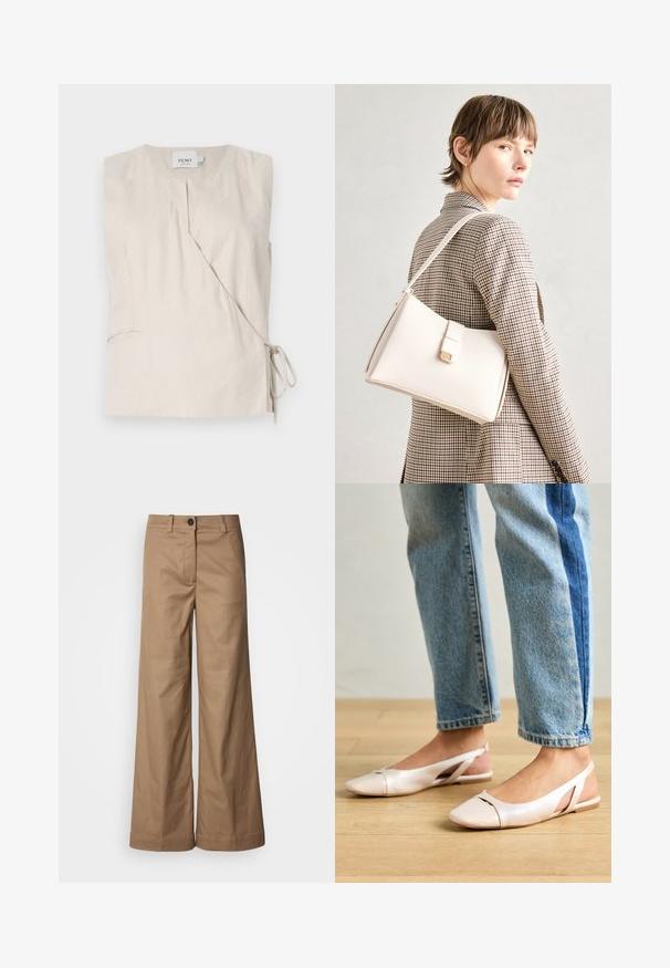 Bežinis lininis be rankovių topas su apvyniojimo dizainu, turintis v-formos iškirpimą, šoninio raiščio ir subtilią tekstūrą. Įtraukta maža kišenė.; Platus kelnes, pagamintos iš lygaus, rusvos spalvos audinio. Yra priekinė sagtis, diržo kilpos ir šoninės kišenės. Švarios linijos, be matomų raštų.; Šviesiai rožiniai slingback baleto bateliai su smailiu pirštu, pagaminti iš lygios odai panašios medžiagos. Yra išpjovimų detalės šonuose ir plokščias kulnas.; Balto odos rankinė su struktūrizuotu dizainu, turinti magnetinį užsegimą ir petnešą, demonstruojama prieš neutralią foną.