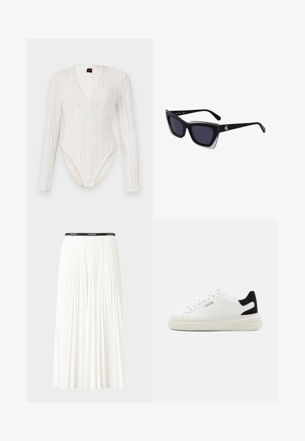 Fehér, hosszú ujjú bodysuit, mély V-nyakkal, texturált kötött mintával és feszes siluettal, alján patentos zárással.; Plisszírozott fehér szoknya fekete elasztikus derékkal, amelyen a "LACOSTE" logó található. Középhosszú kialakítás, puha tapintással.; Fehér bőr sportcipők vastag fehér talppal, fekete velúr sarokpikkelyel és dombornyomott logóval az oldalon. Fűzős kialakítás, hat fűzőlyukkal.; Fekete, nagyméretű napszemüveg geometrikus formával, sötét lencsékkel és kontrasztos szürke részlettel a kereten. Logó a szárán.