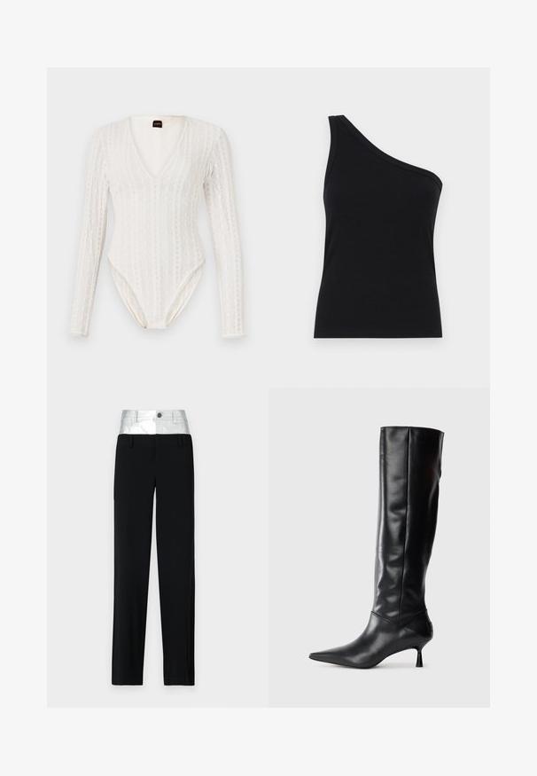 Balta garo piedurkņu bodijs ar dziļu V veida kakla izgriezumu, teksturētu adījumu un pieguļošu siluetu ar aizdari apakšā.; Vienu plecu melns ribots topiņš ar pieguļošu dizainu un mīkstu tekstūru. Iezīmējas ar tīru, minimālu griezumu un gludu apkakli.; Melni bikses ar spīdīgu sudraba jostu. Aprīkotas ar pogu aizdari un četrām kabatām, ar pielāgotu piegriezumu un taisnajām kājām.; Melnas ādas ceļgala augstuma zābaki ar norādītu purngalu un plānu izliekumu papēdi. Gluda tekstūra, pieguļošs dizains un bez redzamām detaļām vai rakstiem.