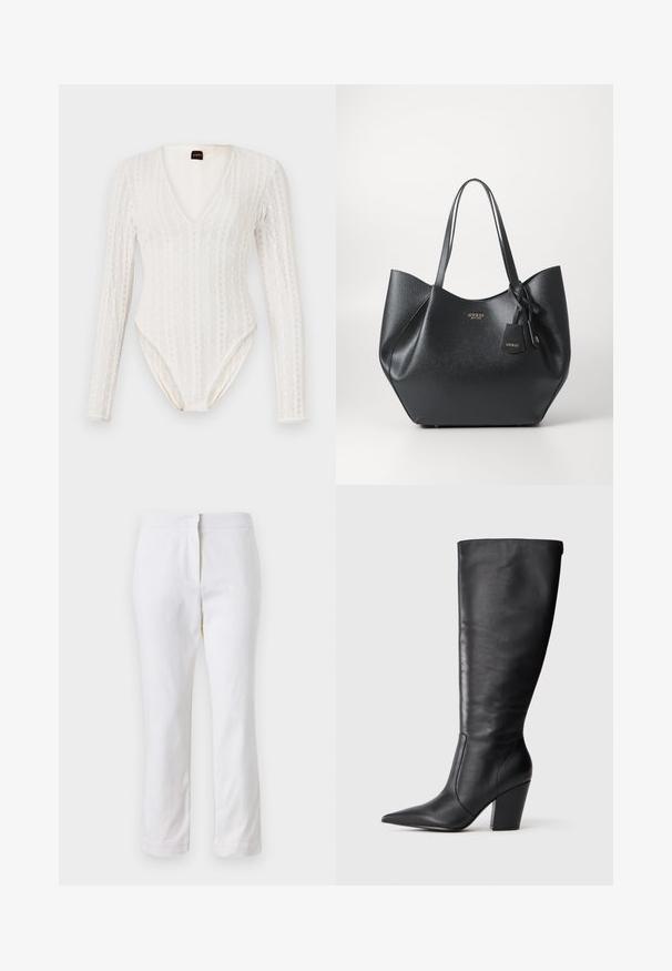 Balta garo piedurkņu bodijs ar dziļu V veida kakla izgriezumu, teksturētu adījumu un pieguļošu siluetu ar aizdari apakšā.; Baltas kokvilnas bikses ar taisnu kāju dizainu, ar vidēju augstumu un bez redzamām detaļām vai rakstiem. Visā virsmā ir gluda tekstūra.; Melnas ādas augstas ceļa zābaki ar norādītu purngalu un masīlu augstu papēdi, attēloti kreisajā profila pusē uz baltas fona.; Melns tote maisiņš, izgatavots no teksturēta sintētiska materiāla ar plašu siluetu, aprīkots ar dubultām rokturiem un zīmola piekariņu detaļu.