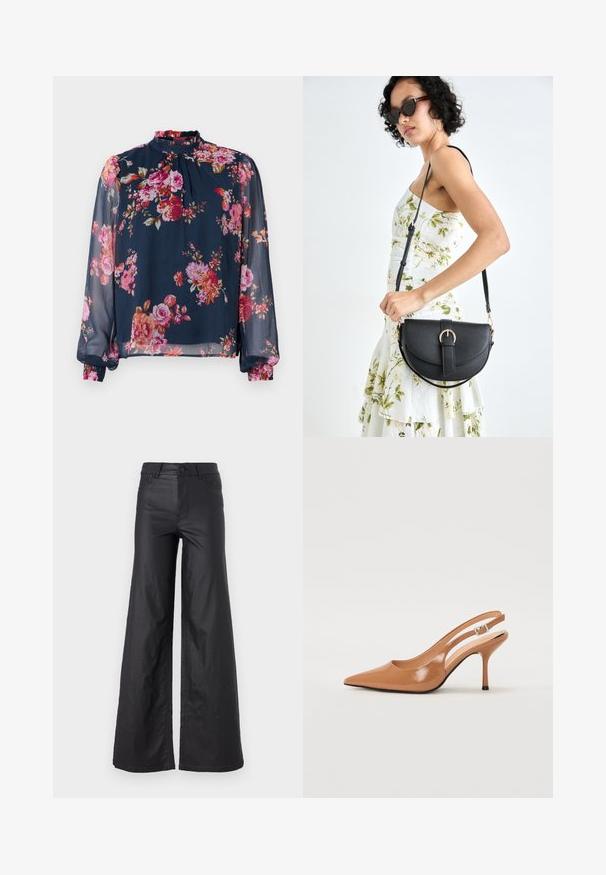 Kvetinová blúzka s dlhými, priesvitnými rukávmi; námornícka modrá základná farba s ružovými a oranžovými kvetmi; vysoký výstrih a naťahovacie manžety na zápästiach.; Čierne široké nohavice z materiálu imitujúceho kožu. Majú vysoký pás, pútka na opasok, dve predné vrecká a šité detaily.; Sandal s úzkym podpätkom a špicatou špičkou v hladkej lesklej hnedej materiáli. Obsahuje zakrivený výrez a štíhly ihlový podpätok. Strieborný prackový detail.; Čierna kožená kabelka s zaobleným tvarom, odnímateľným popruhom a zlatými doplnkami. Kabelka má klopu s detailom s prackou.