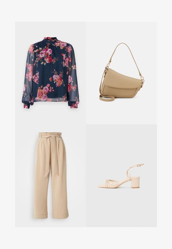 Lillelillede pluus pikkade, läbipaistvate varrukatega; tumesinine alusvärv roosade ja oranžide lilledega; kõrge kaelus ja voltimisvõimalusega mansetid randmetel.; Bežid laiad püksid, millel on rihmaga vöö, valmistatud tekstuurlisest kangast. Omavad esikurtse ja sujuvat viimistlust ääres.; Beeži rihmadega kontsandaal, millel on ruudukujuline nina, keeratud esikujundus, pahkluu rihm ja plokknina. Sile tekstuur, minimalismist inspireeritud stiil.; Even&Odd Käekott - beige