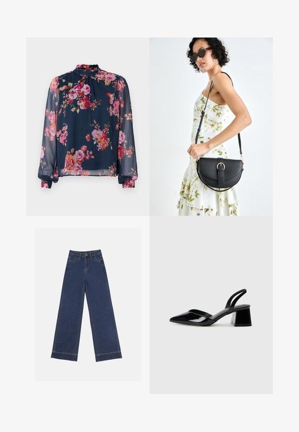 Floral blouse with long, sheer sleeves; navy base color with pink and orange flowers; high neckline and gathered cuffs at the wrists.; Wide-leg jeans in dark blue denim. Features five pockets, belt loops, and a raw hem at the bottom with visible stitching details.; Black patent leather slingback heels with a pointed toe and a geometric block heel. Features a sleek, minimal design and smooth texture.; Black leather handbag with a curved shape, detachable strap, and gold hardware. The bag features a flap with a buckle detail.