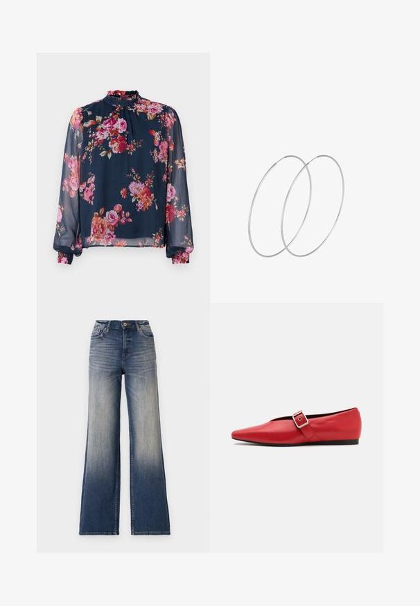 Blusa floreale con maniche lunghe e trasparenti; base blu navy con fiori rosa e arancioni; collo alto e polsini arricciati sui polsi.; Jeans a vita alta e gamba larga in denim blu chiaro a scuro con sfumature, dotati di chiusura con bottone e passanti per cintura. Orlo pulito e senza decorazioni visibili.; Scarpa piatta in pelle rossa con punta affusolata, dotata di un cinturino laterale con fibbia in metallo e un tacco basso nero. Texture liscia su tutta la superficie.; Orecchini a cerchio in argento con un design minimalista. Forma circolare, superficie liscia e profilo sottile. Leggeri con una finitura lucida.