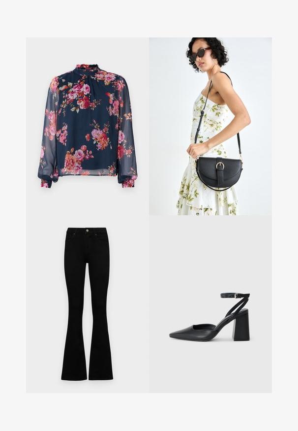 Květinová blůza s dlouhými, průhlednými rukávy; námořnická základní barva s růžovými a oranžovými květy; vysoký výstřih a nařasené manžety na zápěstích.; Černé vysoké džíny s knoflíkem a zipovým zapínáním, předními kapsami a rozšířenými nohavicemi, ležící na bílé podložce.; Černé kožené lodičky se špičatou špičkou, kotníkovým páskem a silným podpatkem. Hladká textura, elegantní design a minimalistická estetika.; Černá kožená kabelka s křivkovým tvarem, odnímatelným popruhem a zlatými detaily. Kabelka má klopu s přezkou.