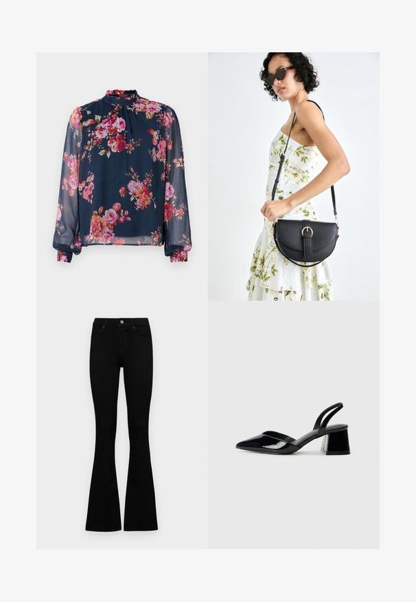 Blusa floral com mangas longas e transparentes; base na cor azul-marinho com flores cor-de-rosa e laranja; decote alto e punhos franzidos nos pulsos.; Jeans pretos de cintura alta com fecho de botão e zíper, bolsos frontais e pernas largas dispostos em cima de um fundo branco.; Sandy em verniz preto com salto slingback, ponta afilada e salto geométrico. Apresenta um design elegante e minimalista com textura suave.; Bolsa de couro preta com forma curva, alça destacável e detalhes em dourado. A bolsa possui uma aba com detalhe de fivela.