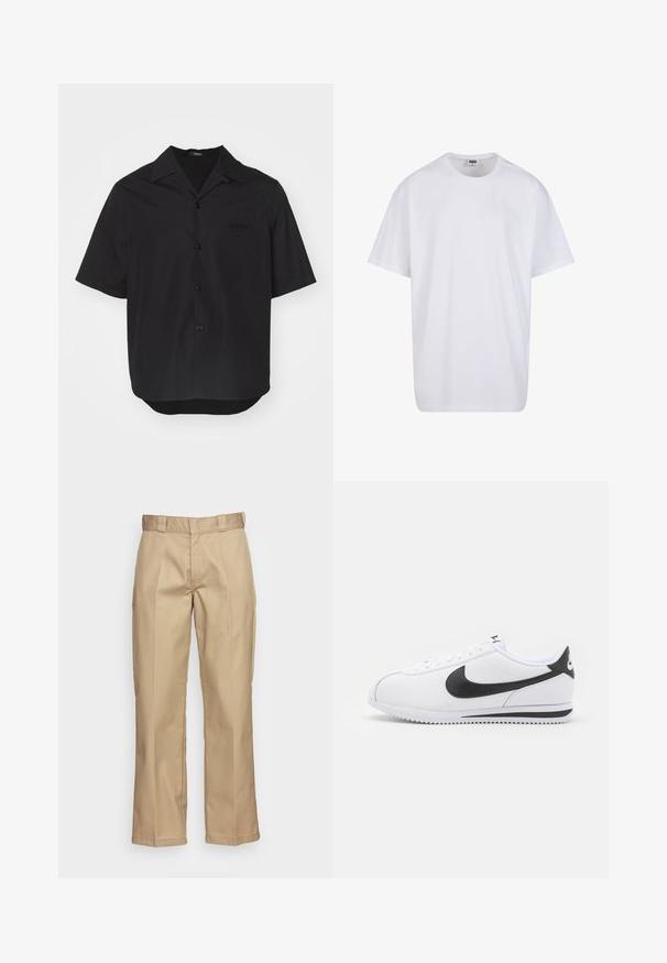 Camicia nera a maniche corte realizzata in tessuto liscio, con colletto a punta, bottoni frontali e taschino sul petto con dettagli del logo impresso.; Maglietta bianca in cotone con maniche corte, scollatura rotonda, vestibilità comoda e senza loghi o motivi visibili. Texture liscia e design minimale.; Pantaloni khaki con un design a gamba dritta, realizzati in un tessuto resistente, con una trama liscia e una doppia piega frontale per un tocco di dettaglio in più.; Sneaker in pelle bianca con logo Nike nero, lacci piatti e suola in gomma testurizzata. Punta arrotondata e collare imbottito per il comfort.