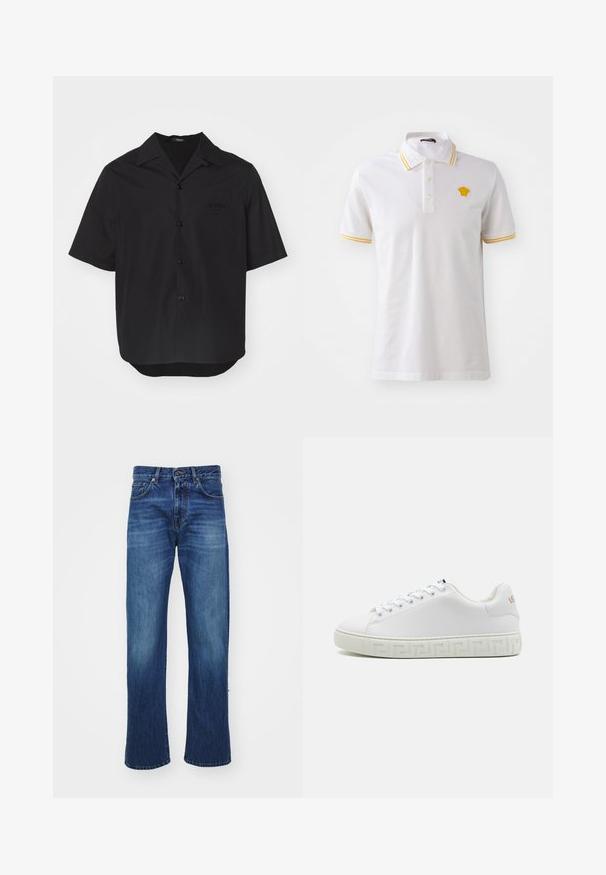 Korte ærmer sort skjorte lavet af glat stof, med spids krave, knapper foran og en brystlomme med præget logo detaljer.; Hvid polo shirt lavet af bomuld med gule striber på kraven og ærmerne, prydet med et broderet logo på brystet.; Blå denim jeans med lige ben, der har forlommer, bæltesløjfer og let falmning langs lårene. Holdbar stofstruktur.; Hvid sneaker med en glat læderoverdel, flade snørebånd og en mønstret gummisåle med et geometrisk design. Diskret logo-accentside.