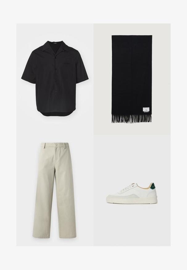 Kratka majica s kratkimi rokavi črne barve, izdelana iz gladkega materiala, z odprtim ovratnikom, sprednjimi gumbi in žepom na prsih z embosiranim logotipom.; Han Kjøbenhavn WIDE LEG - Hlače - light grey; Bela trenerka z zaključki iz semiša, okroglo konico, ravne vezalke in kremna gumijasta podplata. Ima zeleno blagovno znamko na peti.; Črna šal iz mehkega blaga, z dolgimi resemi na koncih in majhno oznako blagovne znamke na eni strani.