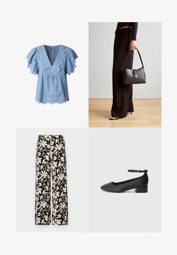 Svetle modrá blůza s vlnitými okraji a volánovými rukávy. Obsahuje výšivku s dírkami a tři knoflíky na zapínání u výstřihu do V.; Černé kalhoty s širokými nohavicemi a krémovým květinovým vzorem. Vyrobené z lehké tkaniny, s hladkým povrchem a vysokým pasem.; Černé kožené lodičky s špičatou špičkou a nízkým blokovým podpatkem. Obsahují pásek kolem kotníku se zlatou sponou. Hladký povrch.; Černá kabelka se strukturovaným tvarem, hladkým povrchem a kovovým uzávěrem. Kombinována s širokými černými kalhotami a sandály s otevřenou špičkou na dřevěné podlaze.