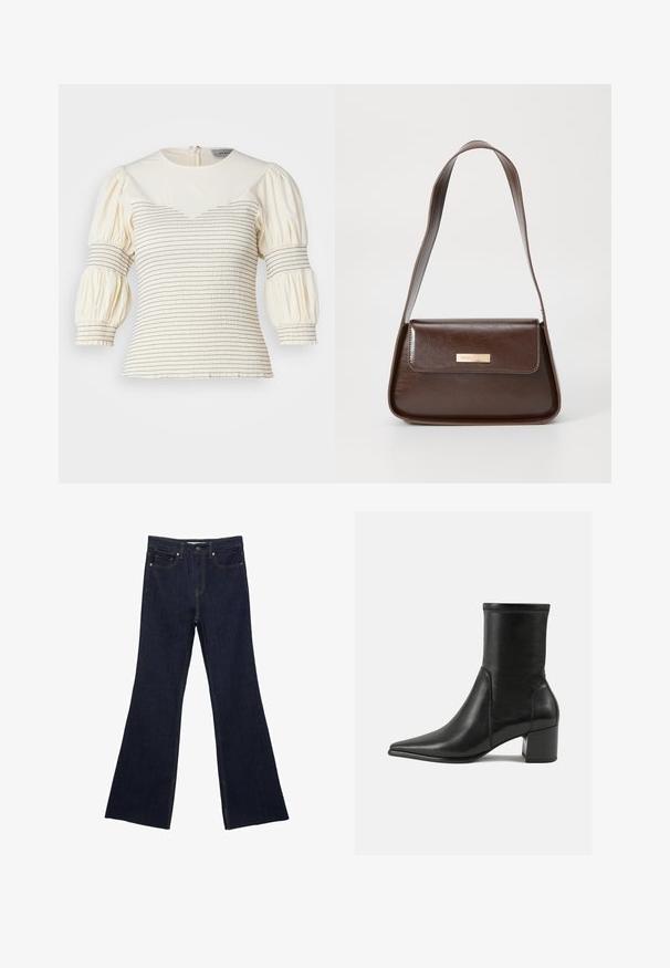 Gestuz Camicetta - afterglow; Jeans a zampa d'elefante in denim blu scuro con un design a cinque tasche standard e cuciture visibili. Il tessuto ha una texture liscia con una leggera sbiaditura.; Stivale alla caviglia nero in pelle liscia, con punta appuntita, tacco a blocco e cuciture raccolte distintive lungo il bordo superiore.; Borsa a spalla in pelle marrone con una forma strutturata, dotata di chiusura a patta magnetica e un accento di logo metallico sul davanti.