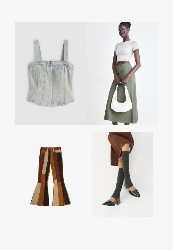 Ljust blå denim korsettopp med breda axelband, dragkedja framtill, vertikala sömmar och rak nederkant.; Vida manchesterbyxor med randigt mönster i nyanser av brunt, beige och guld, med fickor och färgad midjeband.; Svarta lackläderskor med spetsig tå, blockklack och ankelrem, i kombination med grå ribbade benvärmare och en brun mockakjol.; Grå ribbad crop top och olivgrön högmidjad kjol. Modellen håller en vit axelremsväska med utskärningar. Enkelt design, tight passform.