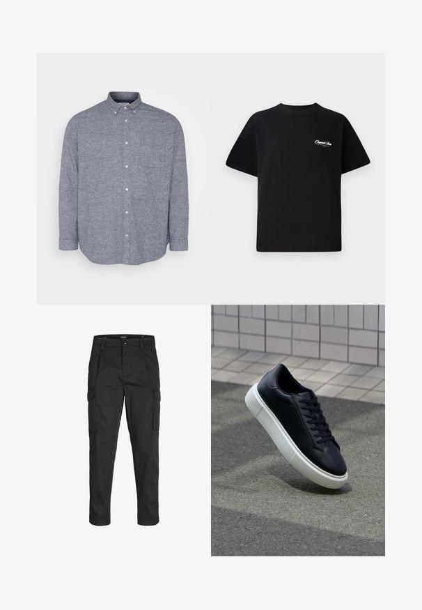 Jack & Jones JPRBLUNORRIS SHIRT - Košile - navy; Černé bavlněné tričko s kulatým výstřihem, krátkými rukávy a malým bílým logem na levé straně hrudi. Jednoduchý design, klasický střih.; Černé cargo kalhoty vyrobené z odolné tkaniny, s mnoha kapsami, knoflíkovým zapínáním a slim fit střihem se zúženými nohavicemi.; Černé kožené tenisky s kulatou špičkou a bílou gumovou podrážkou. mají ploché tkaničky a minimální šití na svršku. Texturovaná podrážka pro lepší přilnavost.