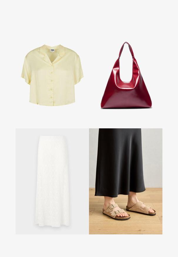 Kratší rukáv, košilový top z měkké, světlé žluté látky. Má knoflíkové zapínání vpředu a uvolněný, zkrácený střih.; Bílá krajková maxi sukně s texturovaným vzorem, elastickým pasem a splývavým tvarem. Materiál vypadá lehký a vzdušný.; Světlé semišové sandály s dvěma nastavitelnými sponami, korkovou stélkou a gumovou podrážkou, v kombinaci s černou sukní až na zem.; Červená lesklá kožená kabelka trojúhelníkového tvaru, široké horní otevírání a jeden zakřivený popruh. Hladký povrch s minimálními detaily šití.