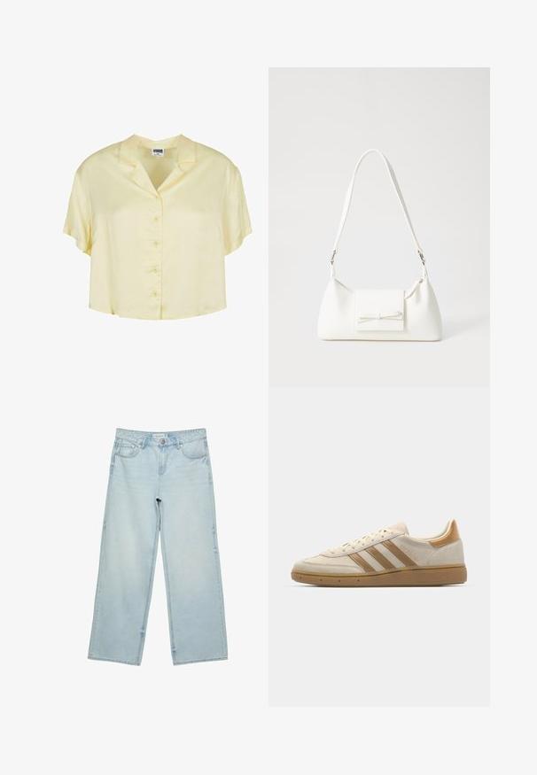 Hübsche Bluse mit kurzen Ärmeln und Kragen aus einem weichen, hellgelben Stoff. Mit Knopfverschluss vorne und einer entspannten, cropped Passform.; Helle blaue, weite Jeans aus Denim mit hoher Taille, fünf Taschen und subtilen Ausbleichungen. Gerader Schnitt mit gesäumten Kanten.; Beige Wildledersneaker mit hellbraunen Akzenten. Verfügt über drei braune Streifen, eine strukturierte Gummisohle und ein rundes Zehendesign.; Weiße synthetische Handtasche in dreieckiger Form, flache Vorderklappe und Schleifendetail, verstellbarer Trageriemen, glatte Textur und minimalistisches Design.