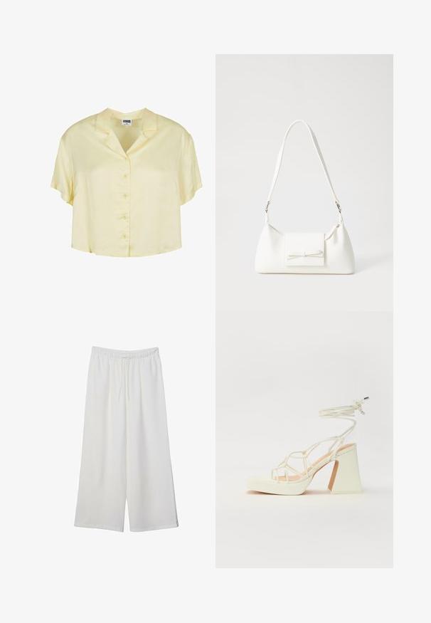 Hübsche Bluse mit kurzen Ärmeln und Kragen aus einem weichen, hellgelben Stoff. Mit Knopfverschluss vorne und einer entspannten, cropped Passform.; Weiße, weit geschnittene Hosen aus leichtem Stoff, mit einem elastischen Bund und einem Zugband für eine verstellbare Passform. Glatte Textur.; Weiße High-Heel-Sandale mit einem klobigen Absatz, die über ein Riemchendesign und ein Knöchelband verfügt. Glatte Textur mit einer Plattform vorne für zusätzliche Höhe.; Weiße synthetische Handtasche in dreieckiger Form, flache Vorderklappe und Schleifendetail, verstellbarer Trageriemen, glatte Textur und minimalistisches Design.